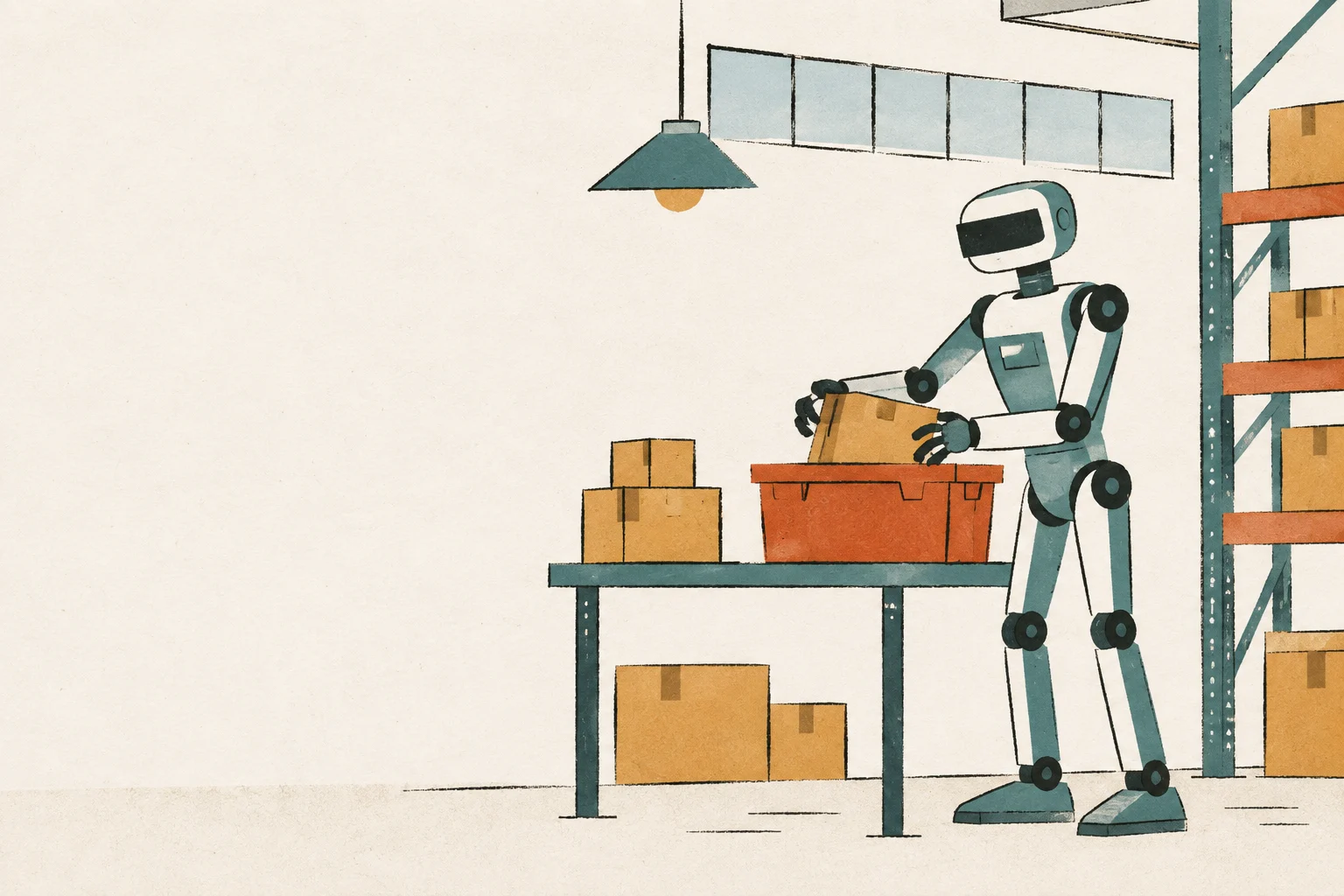 A hand-drawn industrial humanoid robot with a simple visor and mechanical joints packing a parcel in a warehouse.
